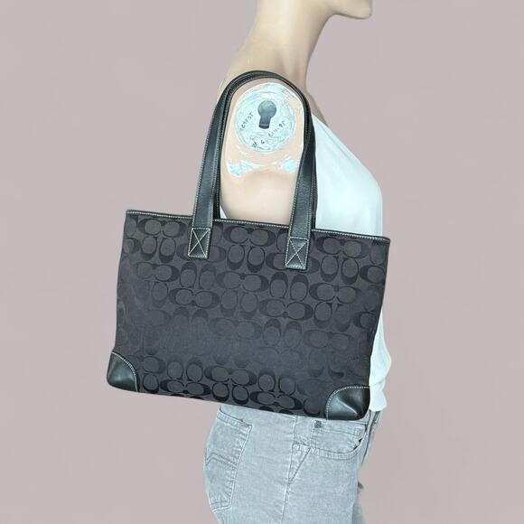 COACH 6082 Black Jaquard Soft Signature Small Zip Tote Leather Trim Y2K Canvas - Picture 1 of 10